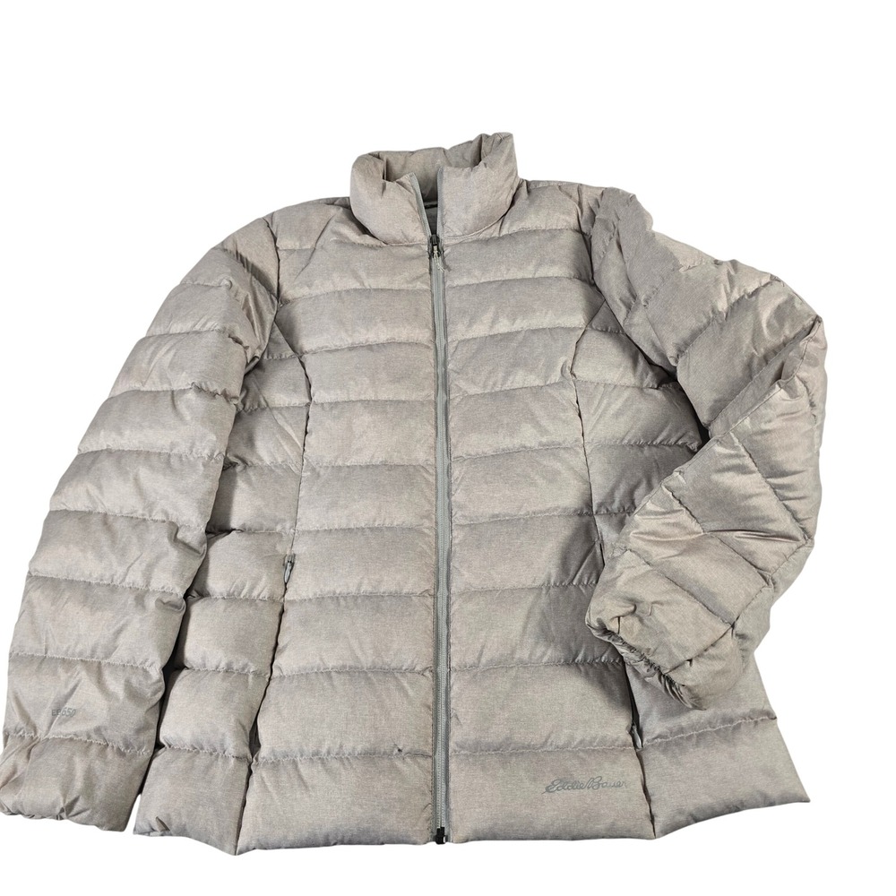 Eddie Bauer EB650 Down Puffer Jacket Womens Medium Tan Heather Full Zip Quilted
